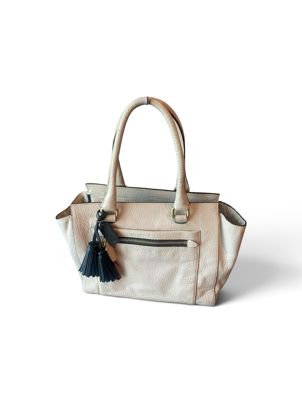 Classic Cream Leather Tote Bag with Tassel Charm